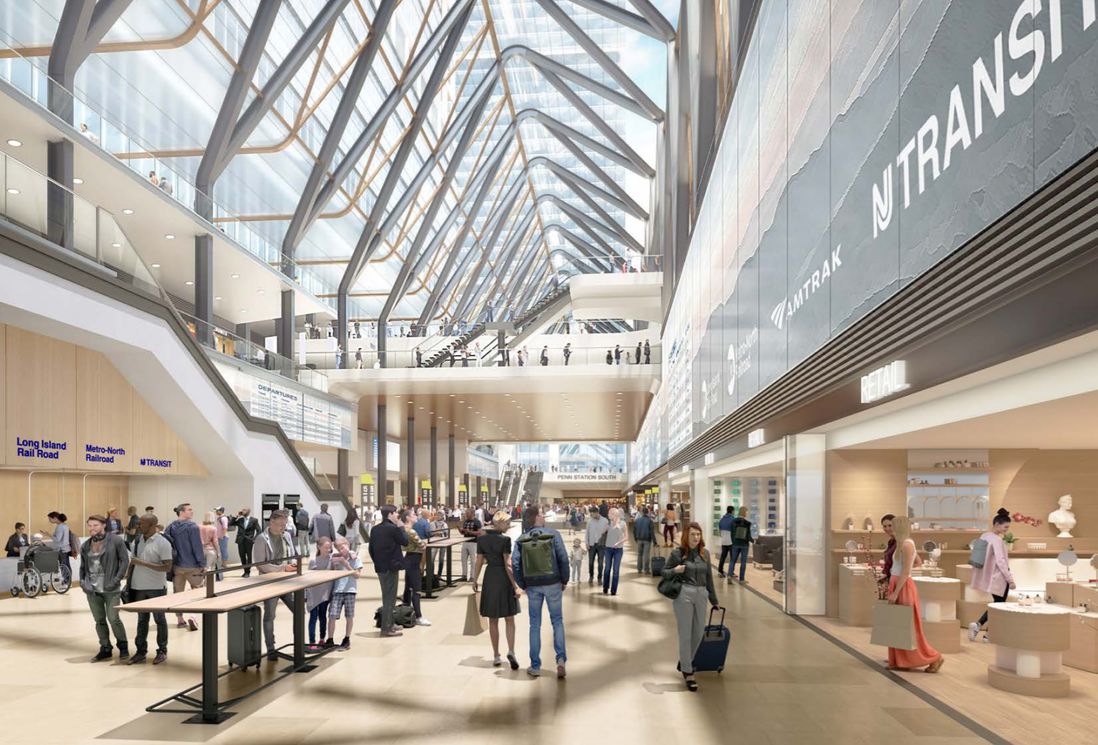 Renderings of the reimagined Penn Station showing much more open, airy spaces and green space outside